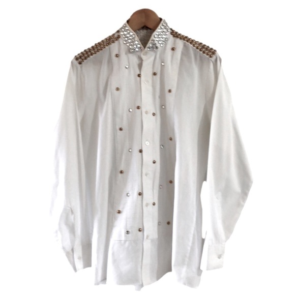 Cowgirl Fancy Western white button down blouse shirt Gold Embellishment Studs - Picture 3 of 15
